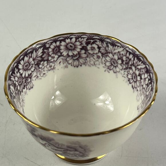 Sutherland China Tea Bowl Historical Britain Warwickshire Purple Gold Rim 1950s - Picture 12 of 13